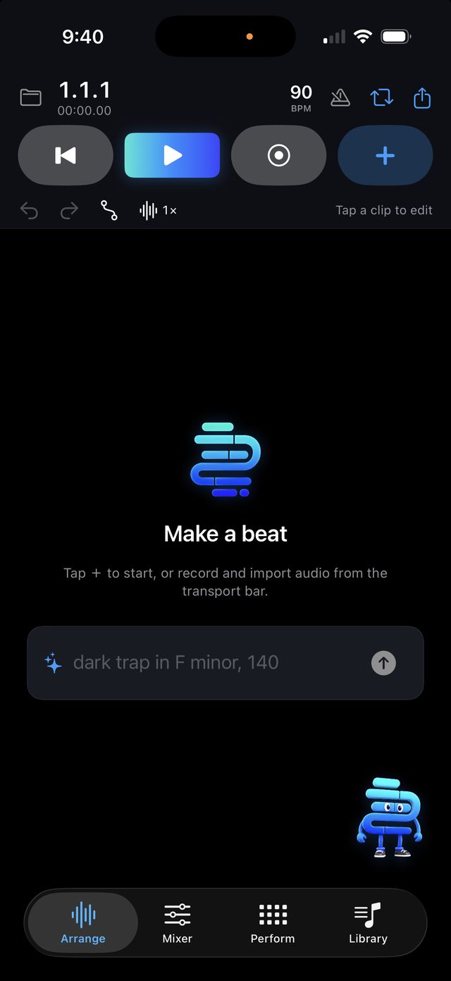 Bounce app — arrange view with transport, ready to make a beat