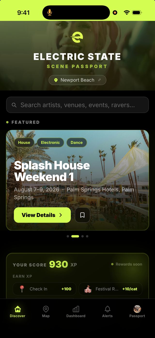 Electric State Passport app — discover screen with featured festivals and XP score